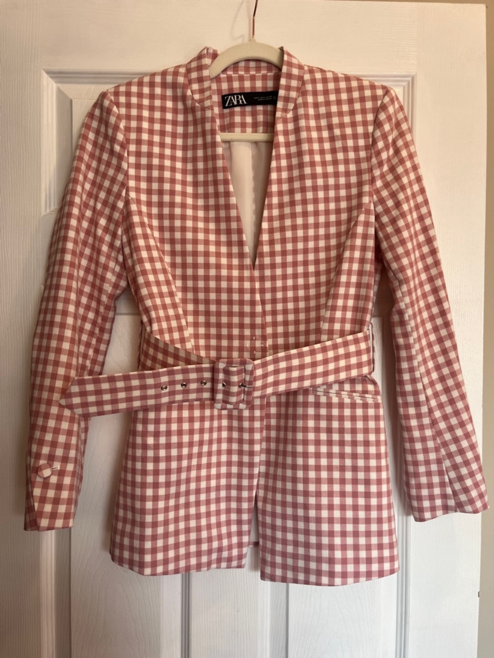 ZARA Pink Gingham Belted Blazer Jacket